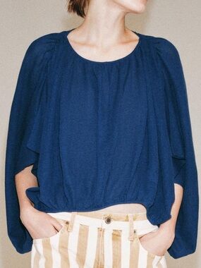 Zara Navy Blue Draped Cape-Sleeve Puffy Knit Top